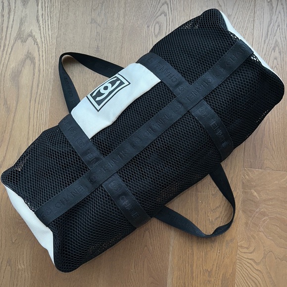 Chanel Sports CC Logo Duffle Nylon Mesh Black Grey Gray Gym Tennis Travel Bag - Picture 5 of 17